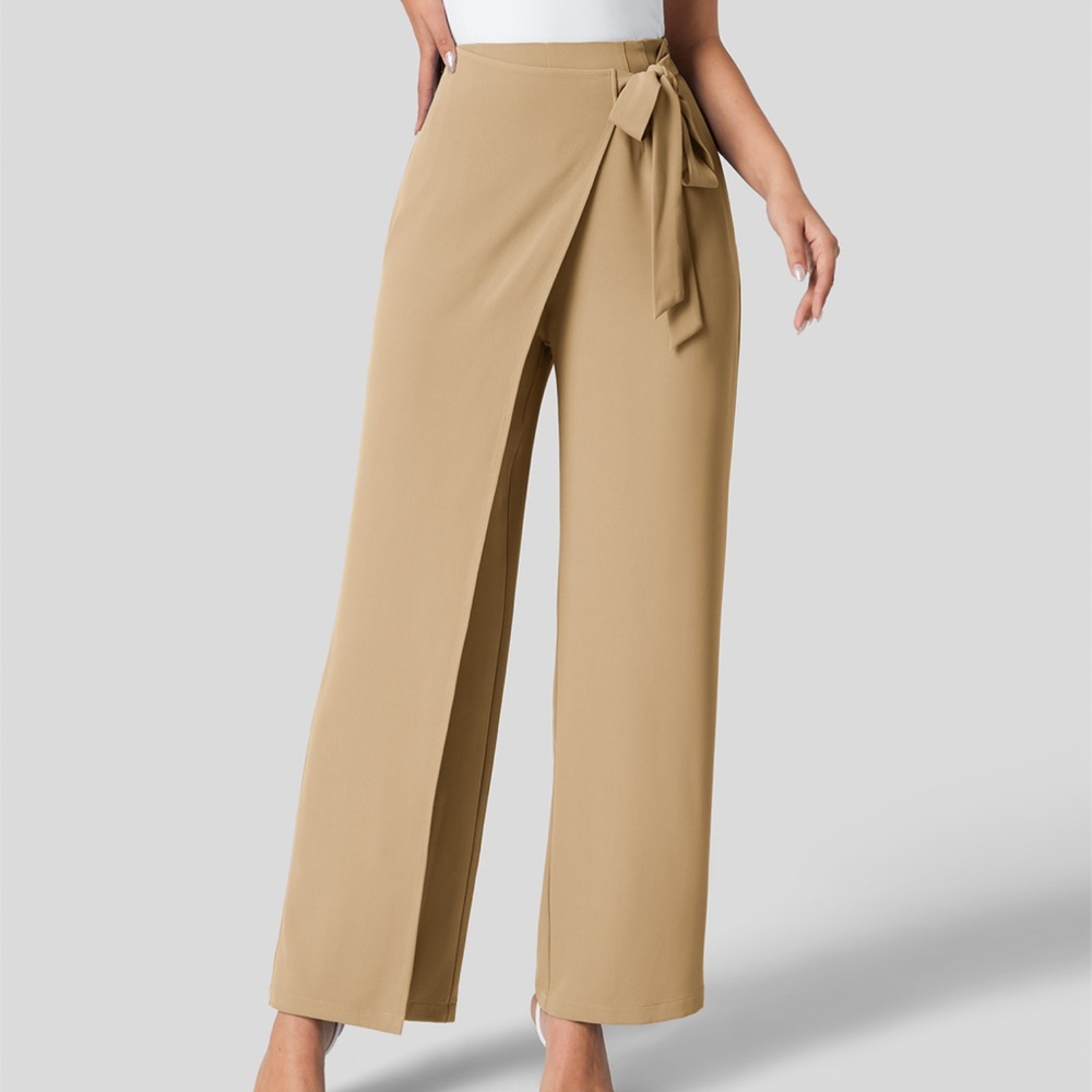 HALARA Wide Leg Wrap-Front Pants in Camel